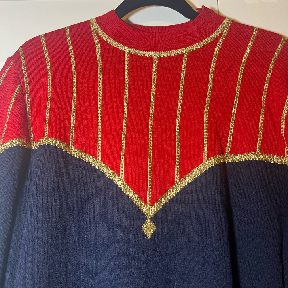 Vintage St. John Evening Santana Knit Mock Neck Sweater Womens Size 10 Red Navy - Picture 7 of 7